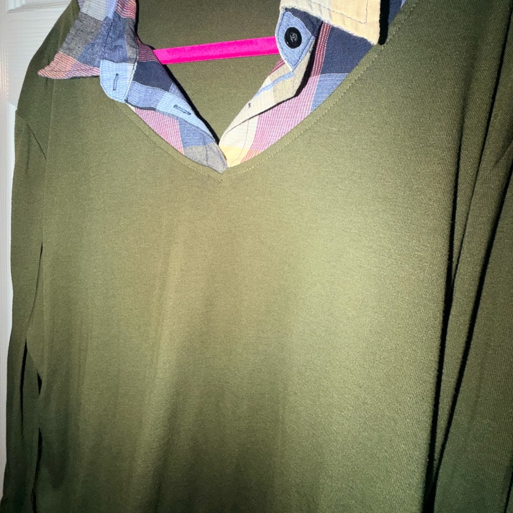 Olive Green One Collared Layered Plaid Women's Business Casual Top 2XL - Picture 4 of 4